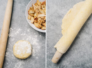 Galette crust dough on a cutting board, and then wrapped around a rolling pin.