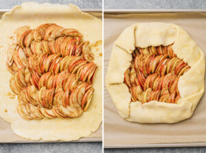 Unbaked apple galette on a baking sheet before and after crimping up the edges.
