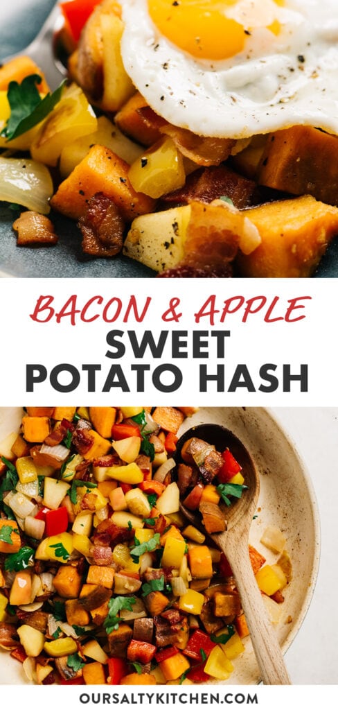Pinterest collage for a sweet potato hash recipe with bacon, apples, and bell peppers.
