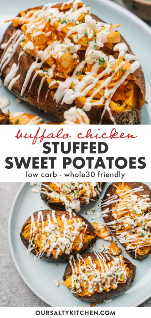 Pinterest collage for baked sweet potatoes stuffed with buffalo chicken.
