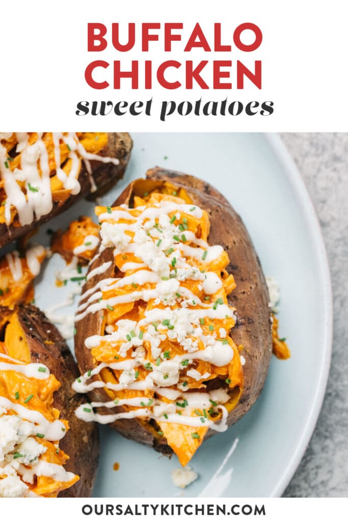 Pinterest image for a buffalo chicken stuffed sweet potatoes recipe.
