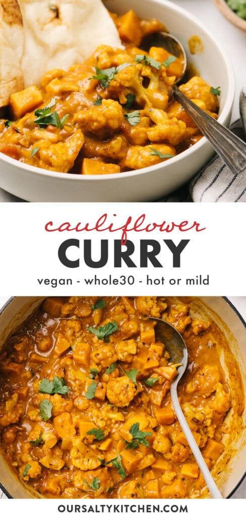 Pinterest collage for a vegan curry recipe with cauliflower and sweet potatoes.