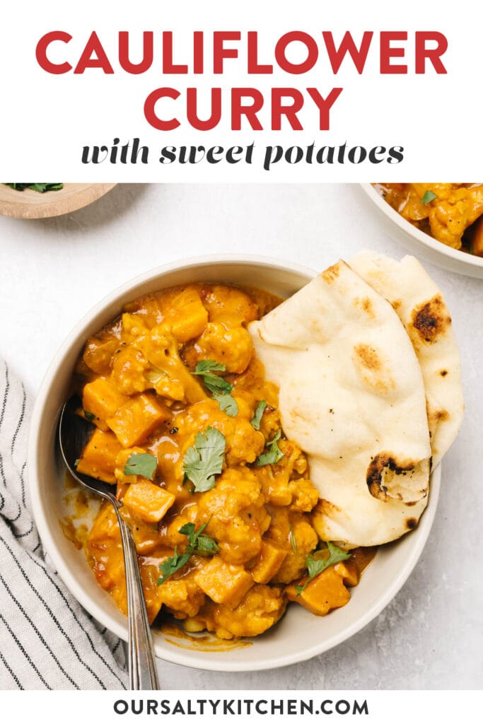 Pinterest image for a cauliflower curry recipe.