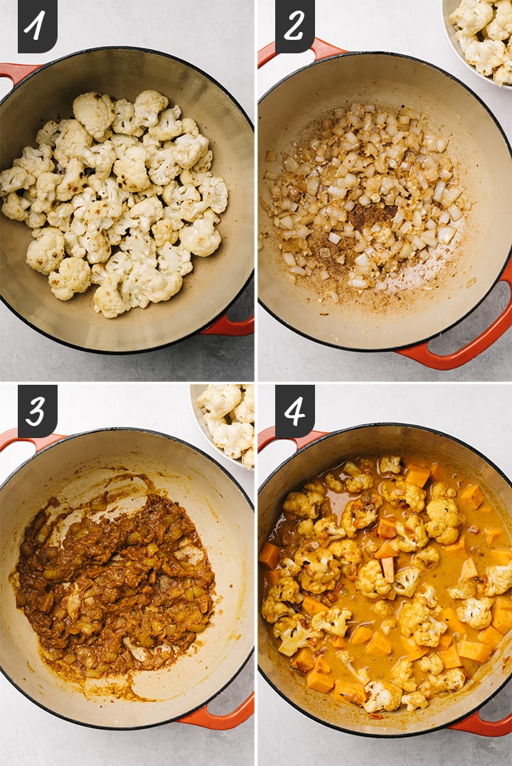 A collage showing how to make vegan cauliflower curry step by step.