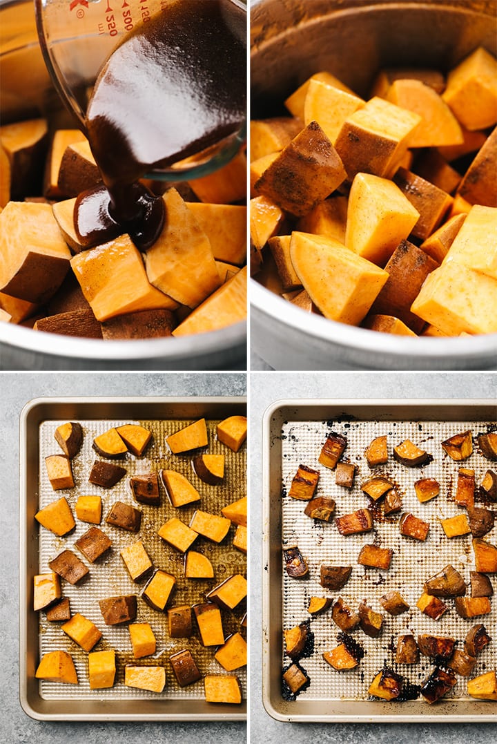 Four images showing how to make roasted sweet potatoes with cinnamon and maple syrup.