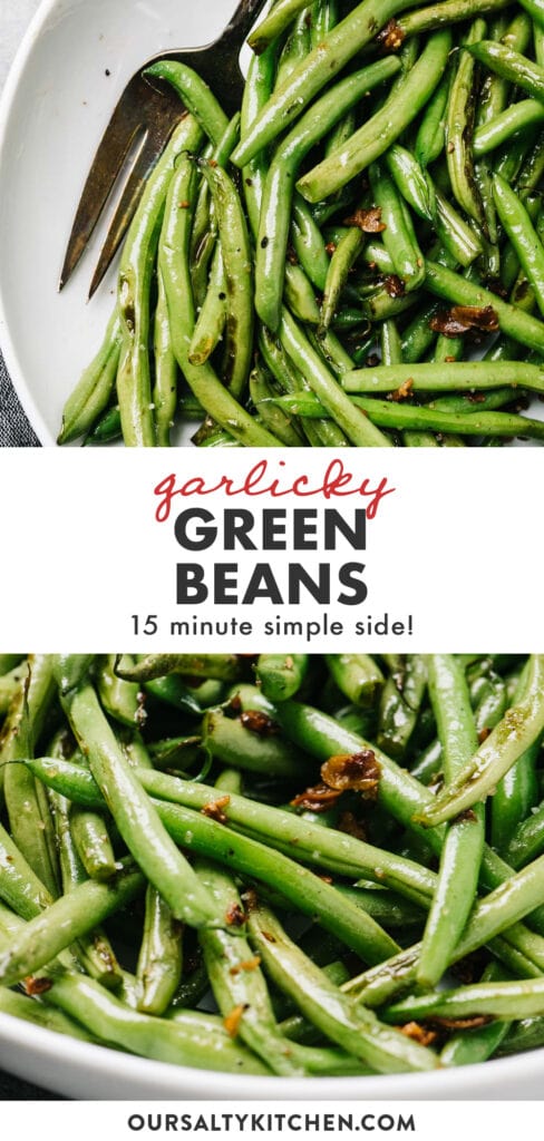 Pinterest image for sautéed green beans with garlic recipe.