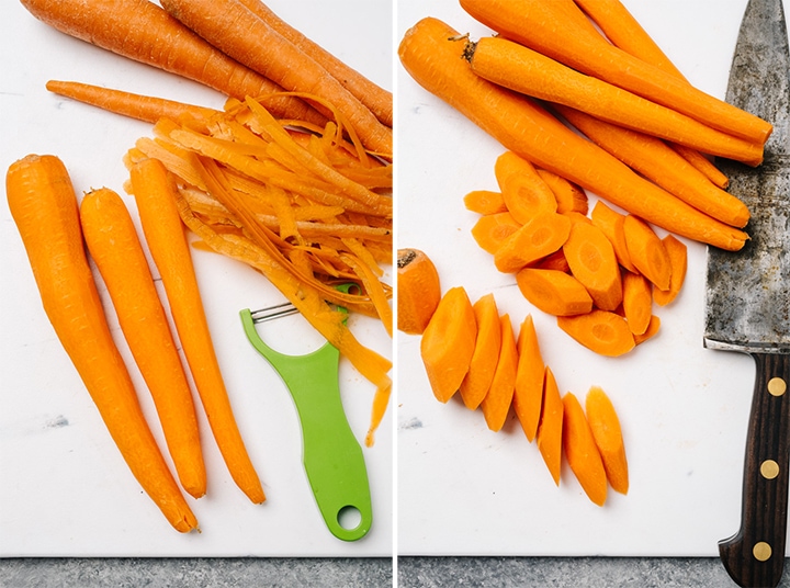 A collage showing how to peel carrots and slice them into an oblique shape.