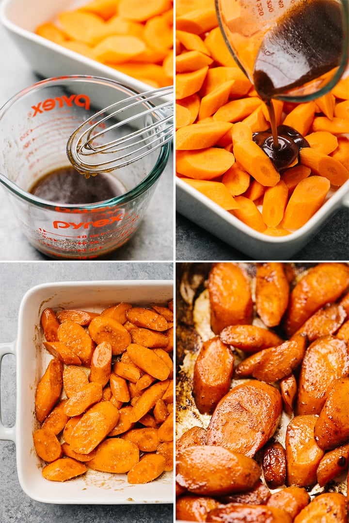 A collage showing how to make honey roasted carrots in a casserole dish step by step.