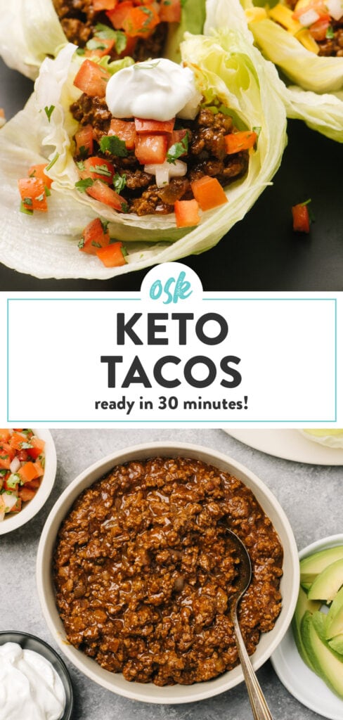 Pinterest collage for ground beef keto tacos in iceberg lettuce shells.