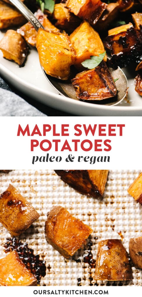 Pinterest collage for vegan maple cinnamon roasted sweet potatoes.