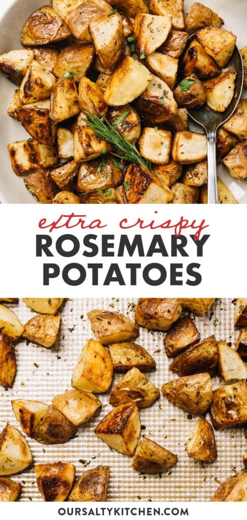 Pinterest collage for extra crispy rosemary potatoes recipe.