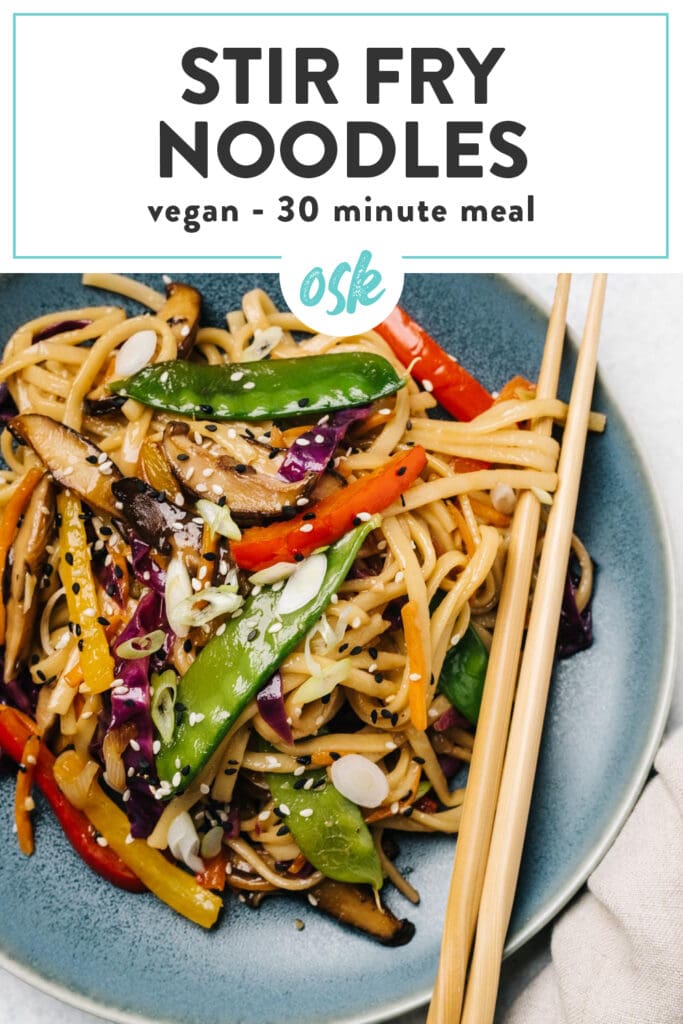 Pinterest image for vegan stir fry noodles with rainbow vegetables.