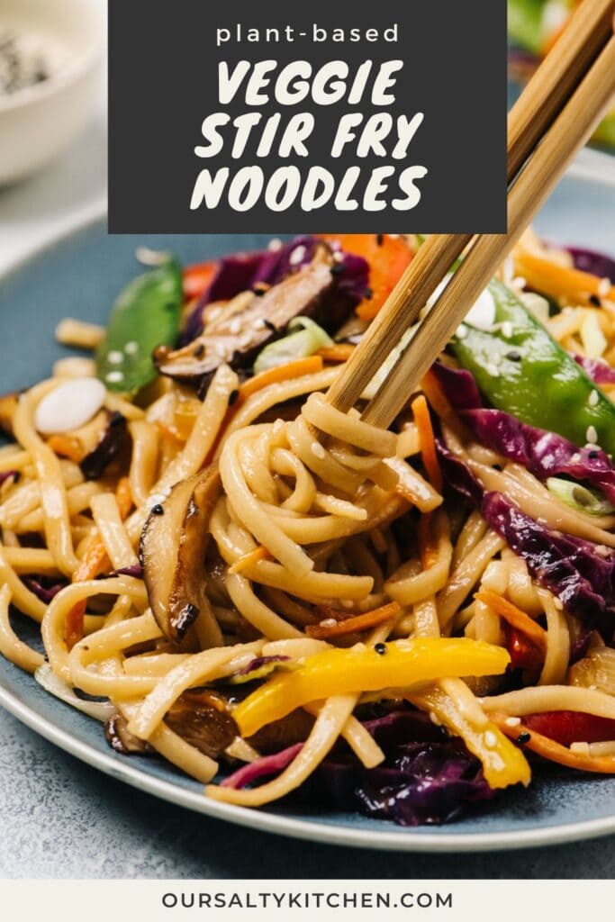 Side view, chopsticks twirling stir fry noodles with veggies; title bar at the top reads "vegan plant-based veggie stir fry noodles".