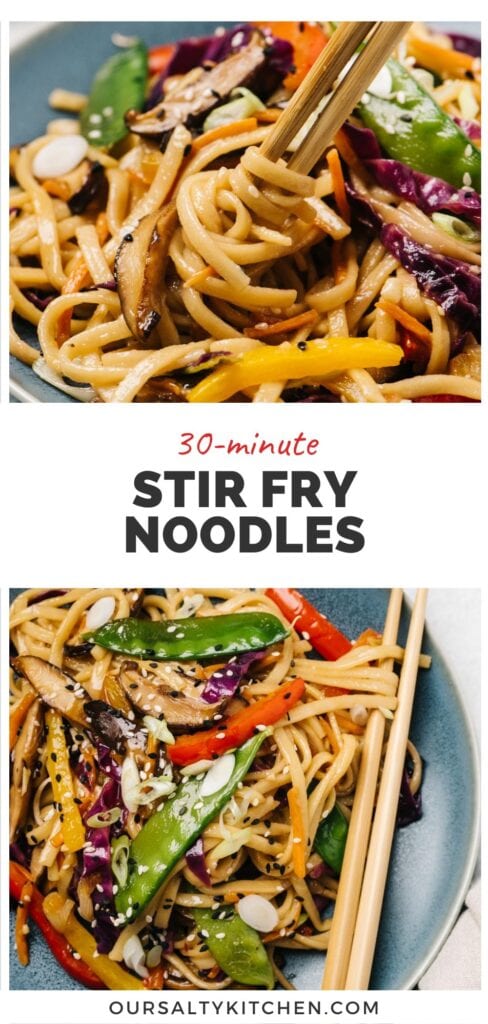 Top - chopsticks twirling veggie stir fry noodles; bottom - veggie noodle stir fry on a blue plate with wood chopsticks; title bar in the middle reads "30-minute stir fry noodles".