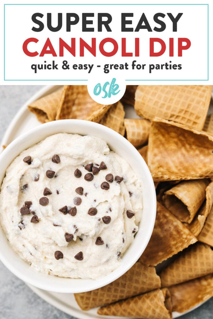 Pinterest image for an easy recipe for cannoli dip with waffle cone "chips".