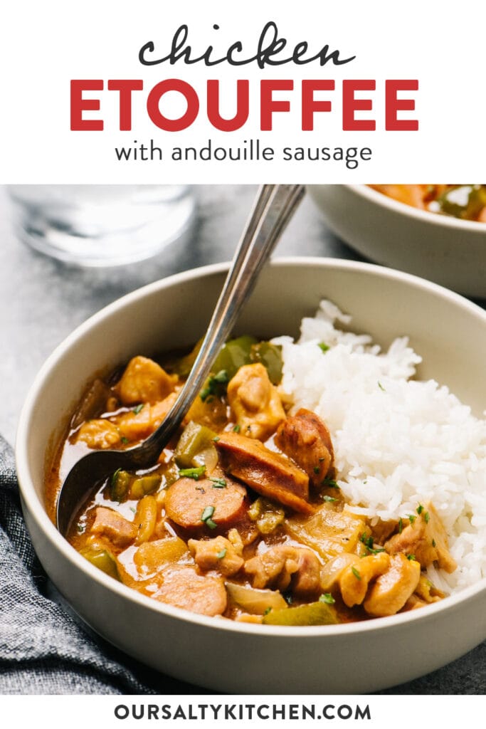 Pinterest image for an allergy friendly étouffée recipe with chicken and andouille sausage.