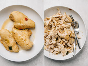 Chicken breast simmered in taco soup broth before and after being shredded.