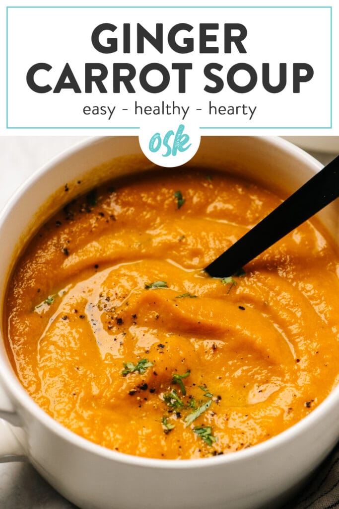 Pinterest image for a roasted carrot soup recipe with ginger.