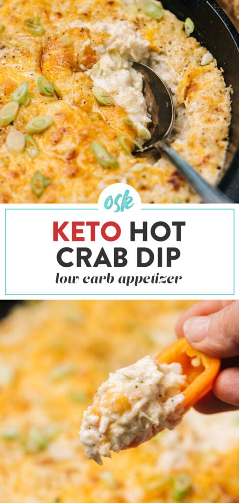 Pinterest collage for a keto crab dip recipe.