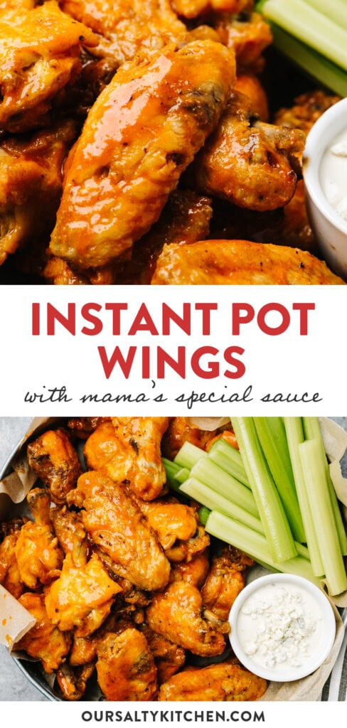 Pinterest collage for instant pot buffalo wings with homemade hot sauce.