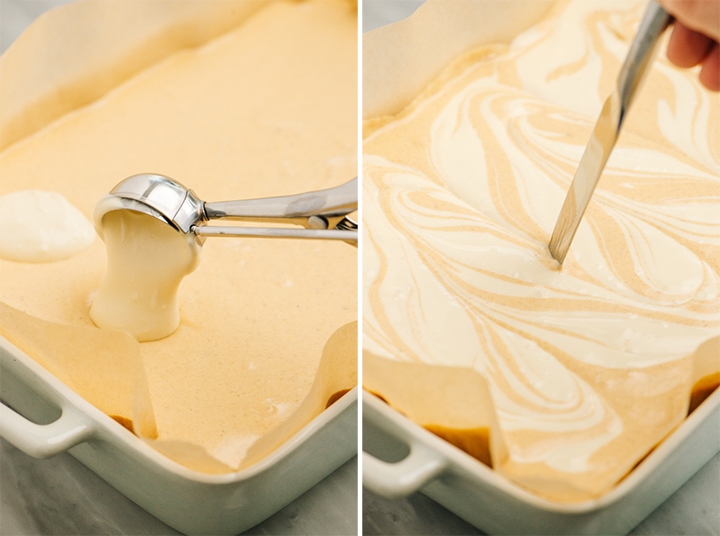 Using and ice cream scooper to portion plain cheesecake into pumpkin cheesecake; making a swirl with a butter knife.