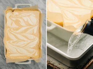Swirled pumpkin cheesecake in a casserole dish; pouring boiling water into a pan for a cheesecake water bath.