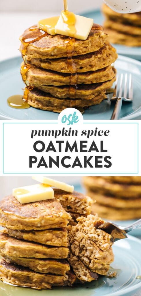 Pinterest collage for pumpkin oatmeal pancakes recipe.