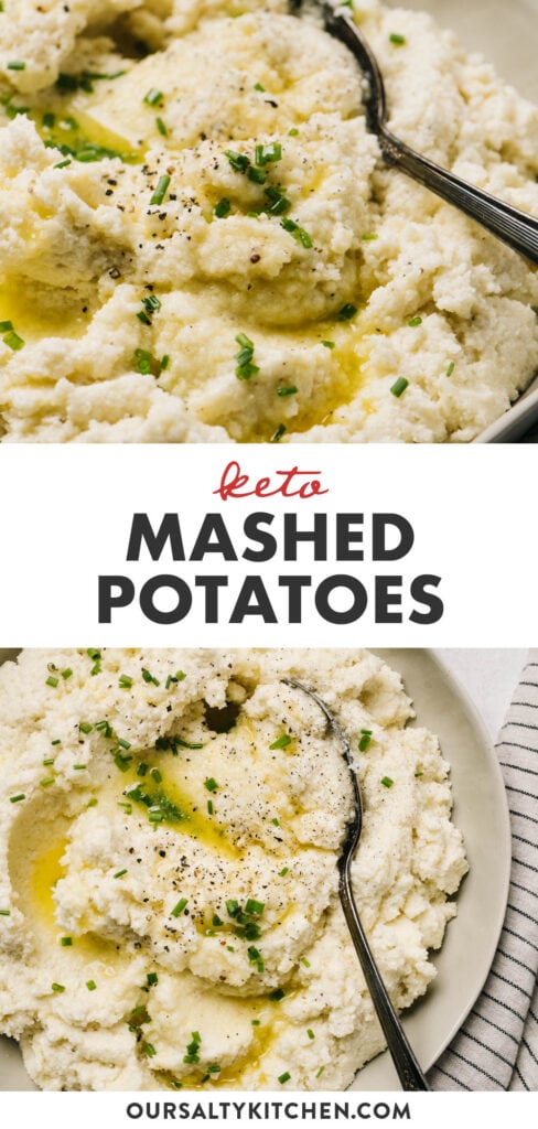 Pinterest collage for keto mashed potatoes recipe made with frozen cauliflower.