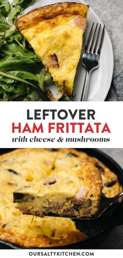 Pinterest collage for a ham frittata recipe with mushrooms and cheese.