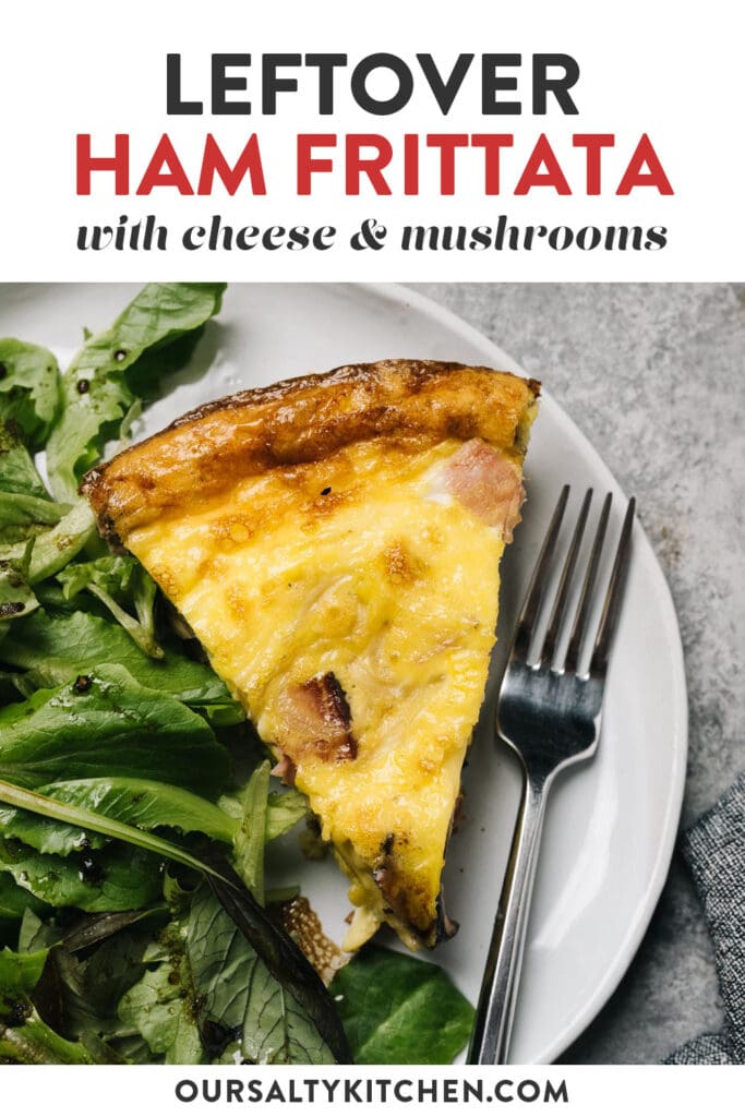 Pinterest image for a ham frittata recipe with mushrooms and cheese.