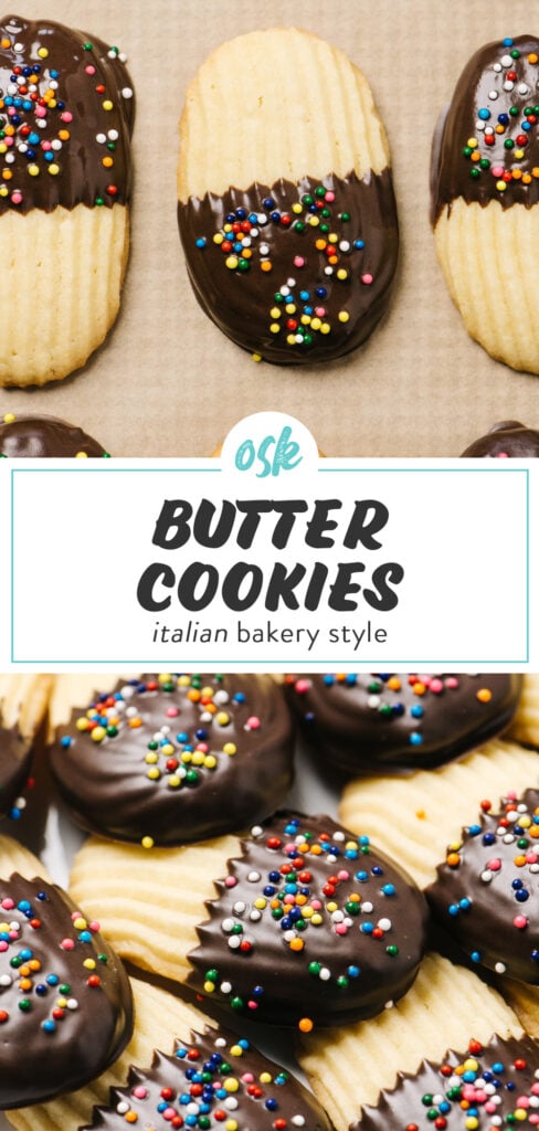 Pinterest image for butter cookies with chocolate and sprinkles.