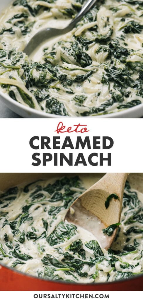 Pinterest collage for a keto creamed spinach recipe.