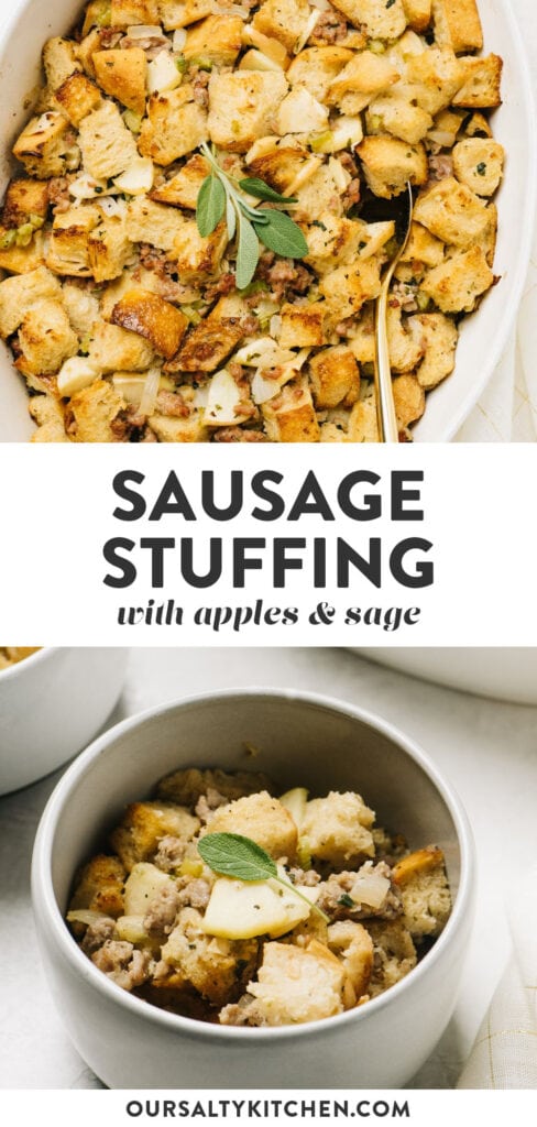 Pinterest collage for a sausage stuffing recipe.