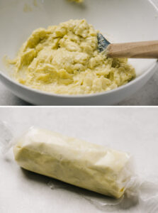 Top - blue cheese butter mixed in a white bowl; bottom - blue cheese butter formed into a log and wrapped into wax paper.