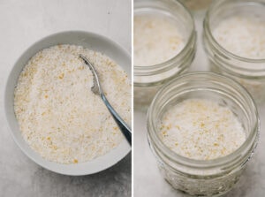 Citrus salt in a white mixing bowl and packaged into small glass jars.