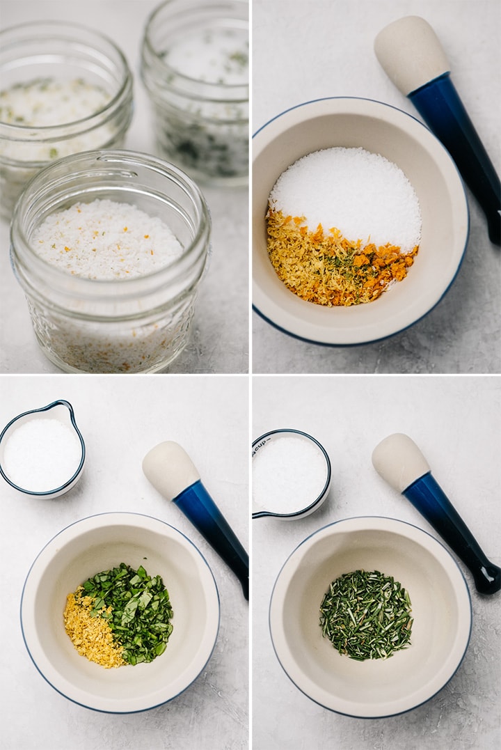 A collage of images showing three different varieties of infused salts - citrus, lemon basil, and rosemary.