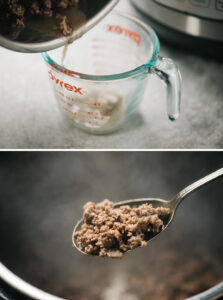 Top - pouring beef drippings into a measuring cup; a spoonful of browned ground beef.
