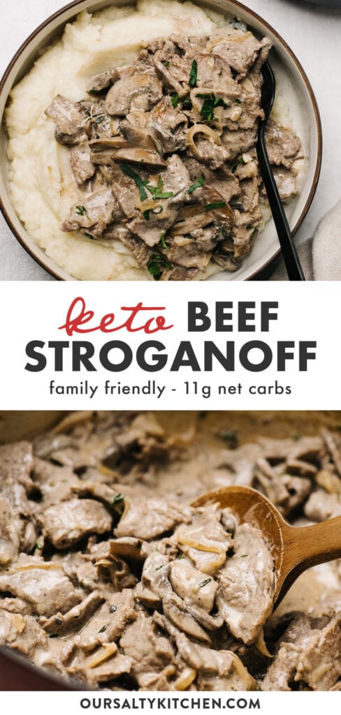 Pinterest collage for a family friendly keto beef stroganoff recipe.