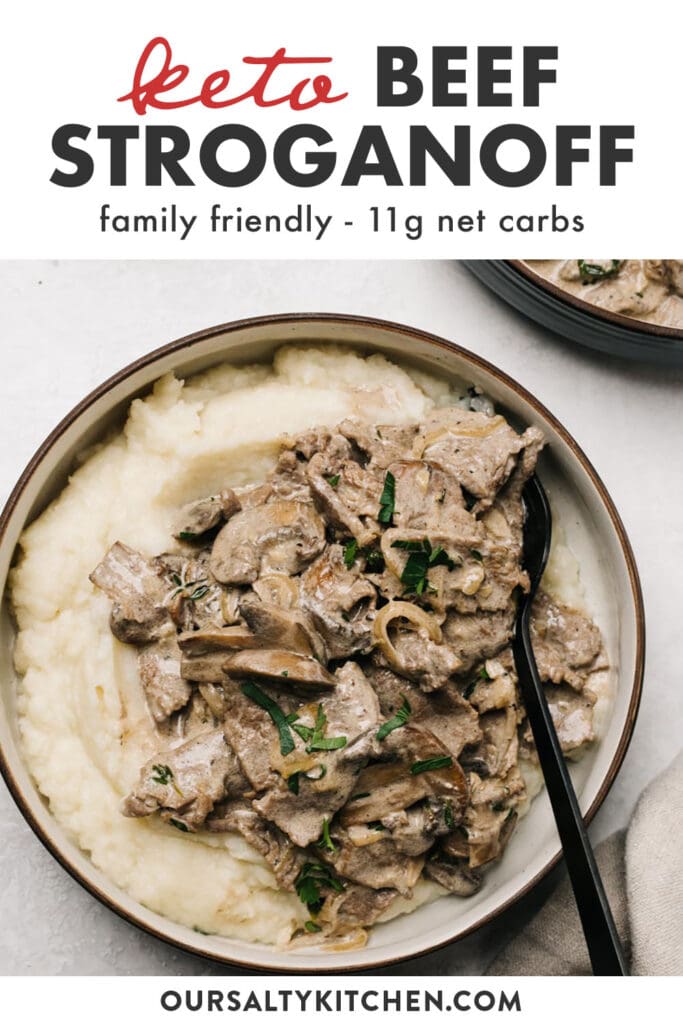 Pinterest image for a family friendly keto beef stroganoff recipe.