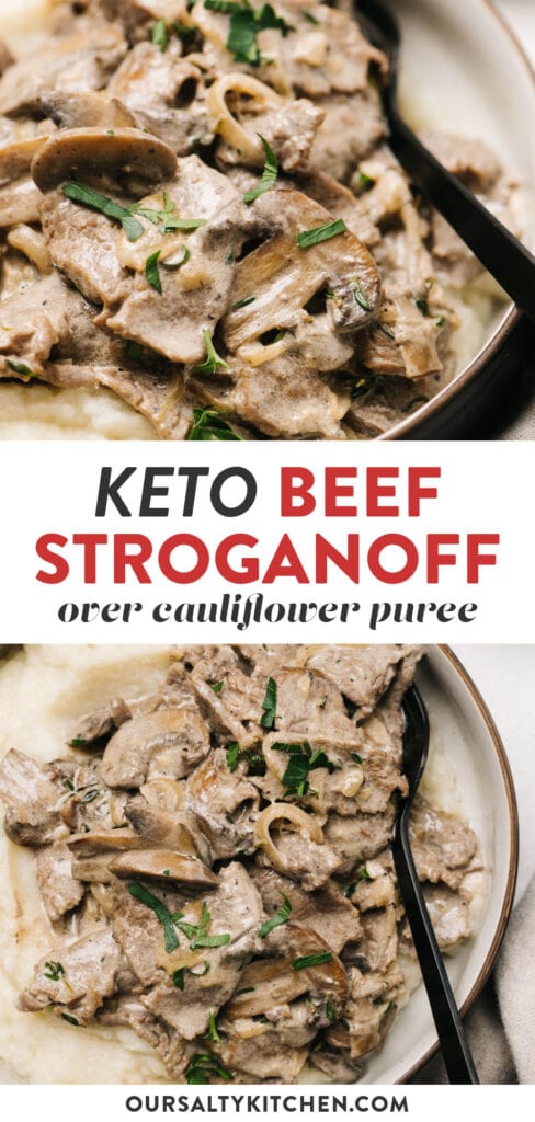 Pinterest collage for low carb and grain free beef stroganoff served with cauliflower puree.