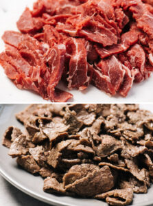 Top - thinly sliced strips of flank steak; bottom - browned steak strips on a grey plate.