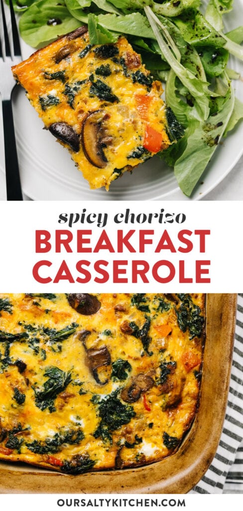 Pinterest collage for a spicy breakfast casserole recipe with chorizo sausage, vegetables, and kale.