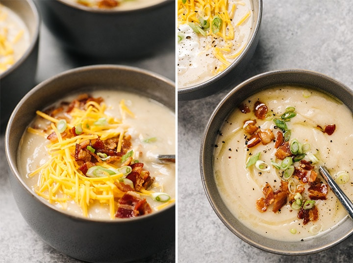 Bowls of loaded cauliflower soup from two different angles, garnished with cheese, bacon, sour cream, and green onions.