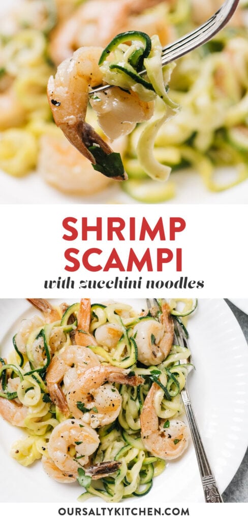 Pinterest collage for quick shrimp scampi served over zucchini noodles.