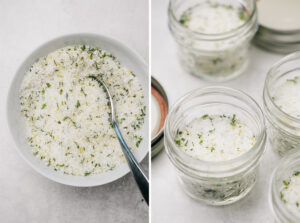 Lemon basil salt salt in a white mixing bowl and packaged into small glass jars.