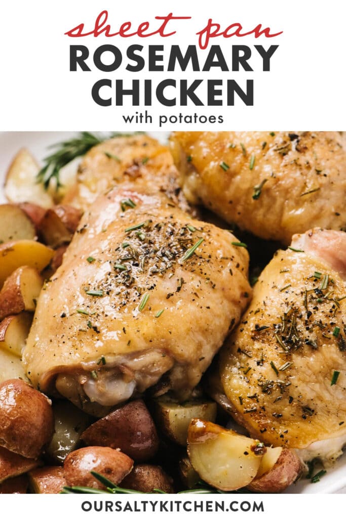 Pinterest image for a sheet pan rosemary chicken and potatoes recipe.