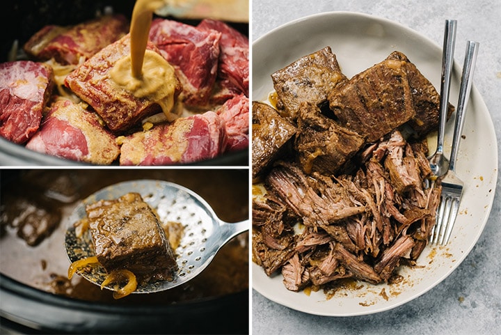 A collage showing slow cooker korean beef before being cooked, after being cooked, and after being shredded.