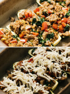 Zucchini stuffed with italian sausage and vegetables in a casserole dish before and after topping with cheese.