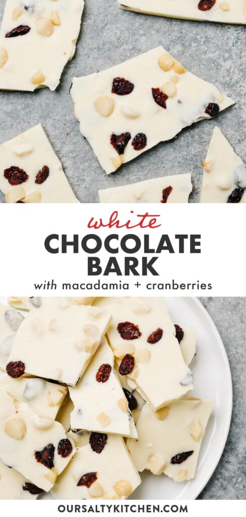 Pinterest collage for a macadamia nut chocolate bark recipe.