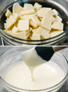 Top - white chocolate pieces in a double boiler; bottom - melted white chocolate in a glass bowl.